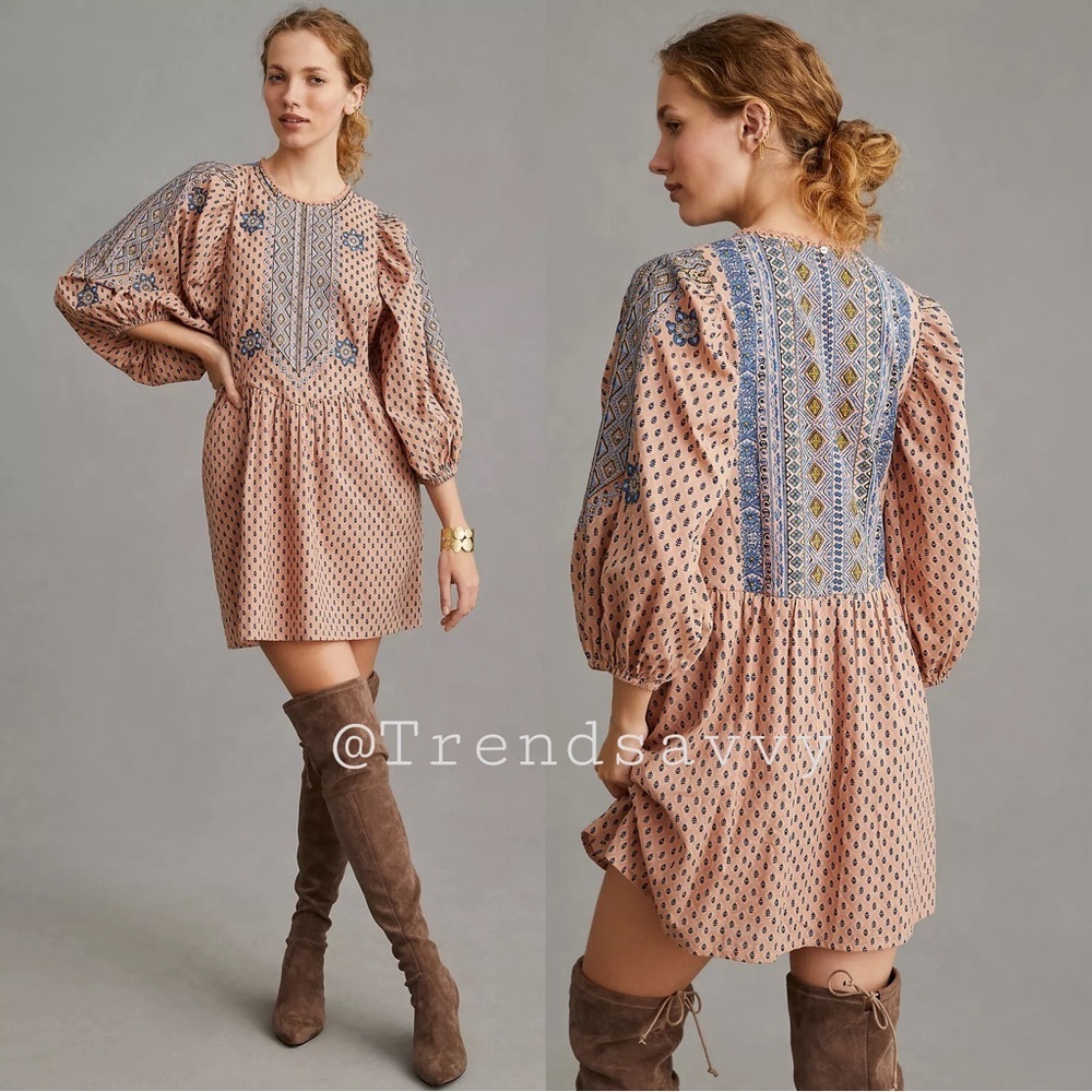 Anthropologie Peach Embroidered Boho Tunic Mini Dress Balloon Sleeve Size M NWT